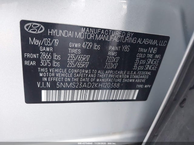 5NMS23AD2KH120388 Hyundai Santa Fe Se