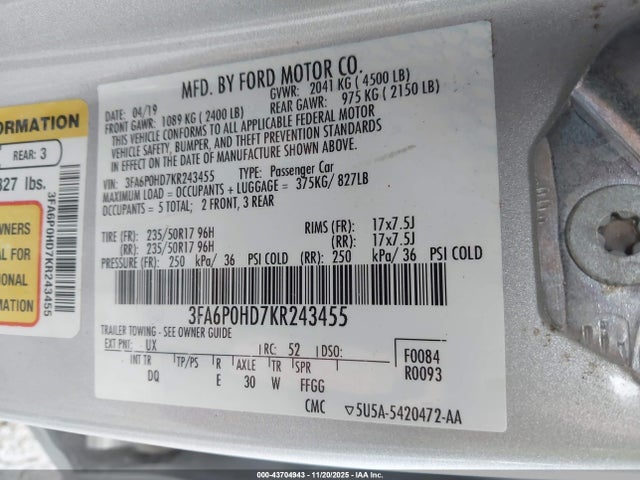 3FA6P0HD7KR243455 Ford FUSION SE