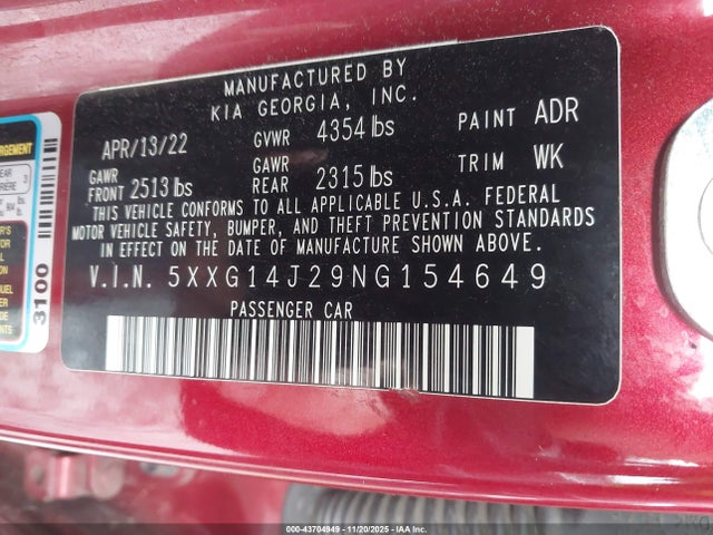 5XXG14J29NG154649 KIA K5 LXS