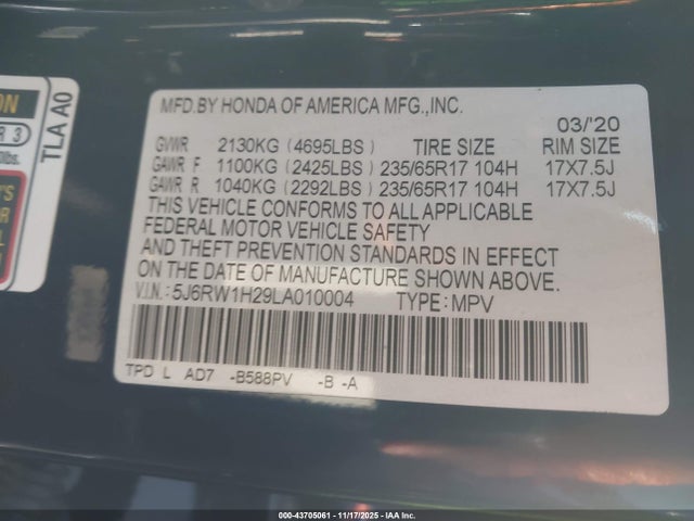 5J6RW1H29LA010004 Honda Cr-v 2wd Lx