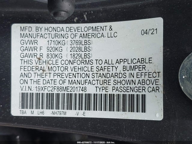Honda k20c2 2021 19XFC2F88ME201748 Image 9
