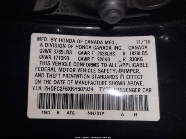 2019 HONDA CIVIC 2HGFC2F6XKH507934 Photo 8