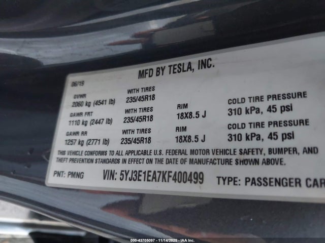 2019 TESLA MODEL 3 5YJ3E1EA7KF400499 Photo 8