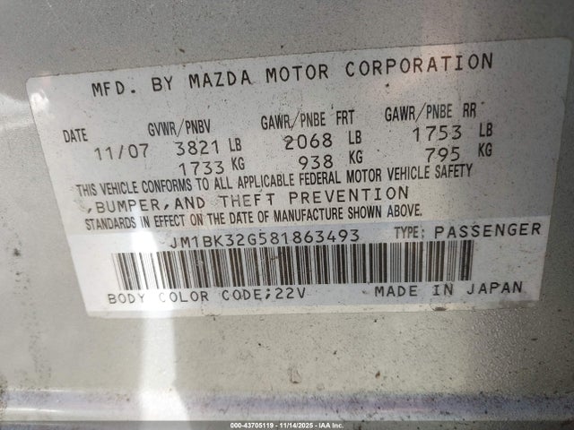 Aukcja sprzedaży 2008 Mazda Mazda3 I, vin: JM1BK32G581863493, numer aukcji: 43705119