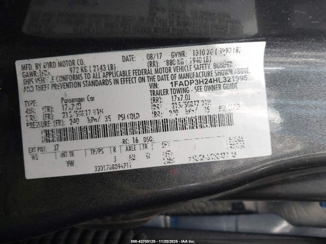 2017 Ford Focus Sel მანქანა იყიდება აუქციონზე, vin: 1FADP3H24HL321995, აუქციონის ნომერი: 43705120