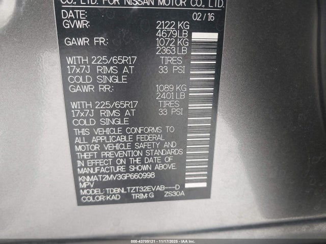 2016 Nissan Rogue Sv მანქანა იყიდება აუქციონზე, vin: KNMAT2MV3GP660998, აუქციონის ნომერი: 43705121