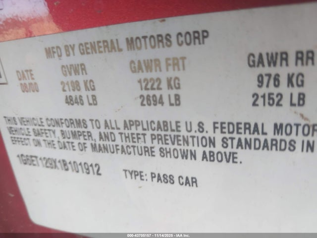 2001 CADILLAC ELDORADO 1G6ET129X1B101912 Photo 8