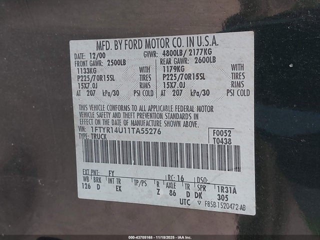 Aukcja sprzedaży 2001 Ford Ranger Edge/xl/xlt, vin: 1FTYR14U11TA55276, numer aukcji: 43705168