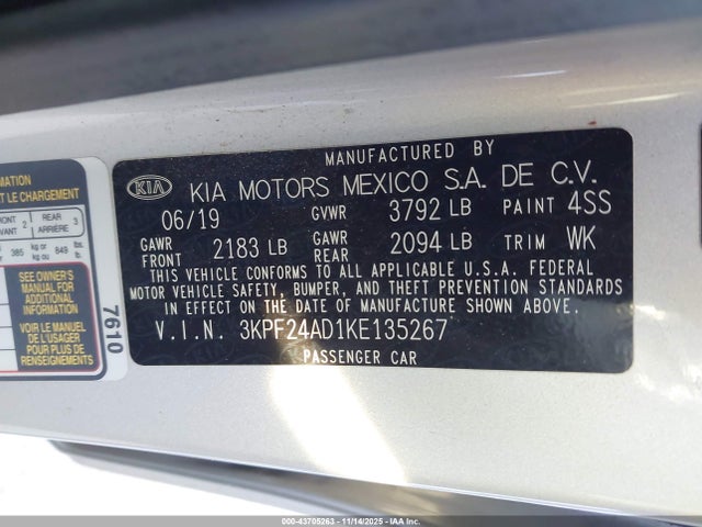 Aukcja sprzedaży 2019 Kia Forte Lxs, vin: 3KPF24AD1KE135267, numer aukcji: 43705263