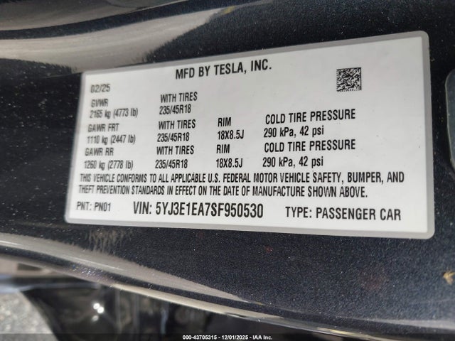 2025 TESLA MODEL 3 5YJ3E1EA7SF950530 Photo 8