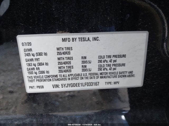 2020 TESLA MODEL Y 5YJYGDEE1LF033167 Photo 8