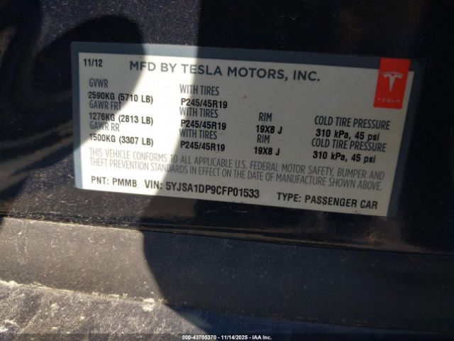 2012 TESLA MODEL S 5YJSA1DP9CFP01533 Photo 8