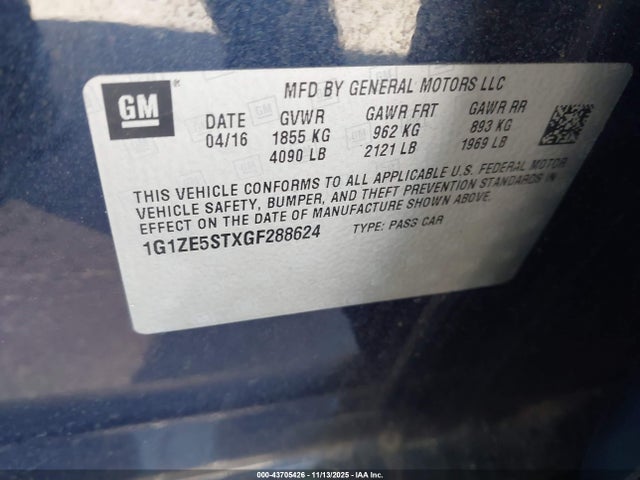 2016 Chevrolet Malibu 1lt მანქანა იყიდება აუქციონზე, vin: 1G1ZE5STXGF288624, აუქციონის ნომერი: 43705426
