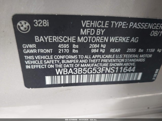 Продаж на аукціоні авто 2015 Bmw 328i Xdrive, vin: WBA3B5G53FNS11644, номер лоту: 43705555