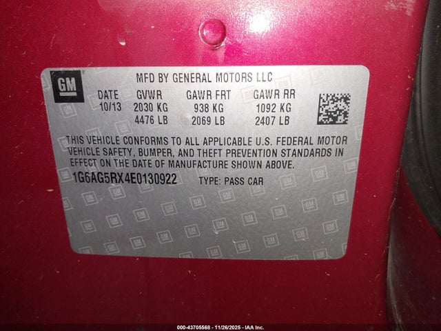 Продаж на аукціоні авто 2014 Cadillac Ats Standard, vin: 1G6AG5RX4E0130922, номер лоту: 43705568