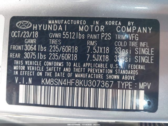 2019 HYUNDAI SANTA FE XL KM8SN4HF8KU307367 Photo 8