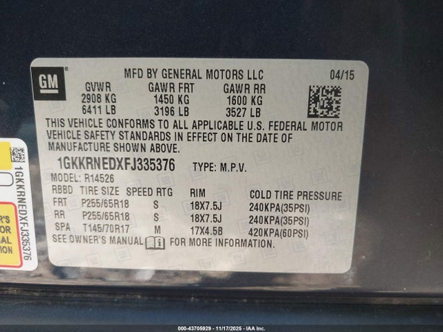 2015 Gmc Acadia Sle-1 მანქანა იყიდება აუქციონზე, vin: 1GKKRNEDXFJ335376, აუქციონის ნომერი: 43705929