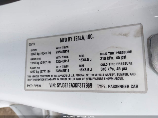 2019 TESLA MODEL 3 5YJ3E1EA3KF317989 Photo 8
