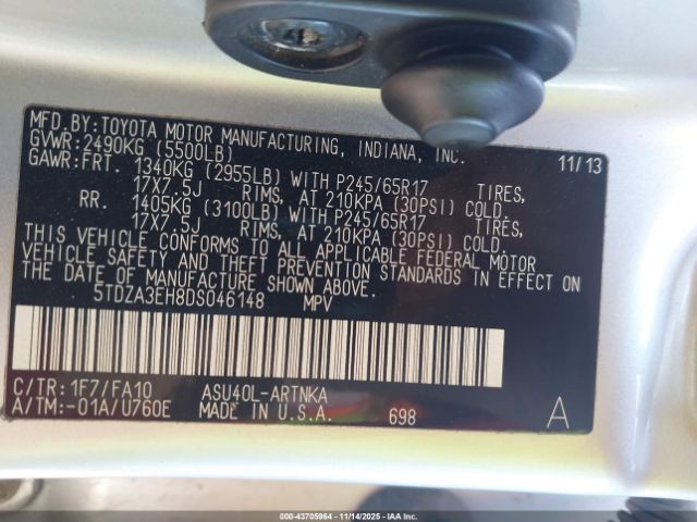 2013 TOYOTA HIGHLANDER 5TDZA3EH8DS046148 Photo 8