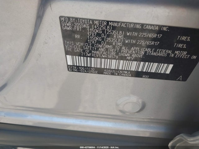 43706004 :رقم المزاد ، 2T3WFREV1JW418579 vin ، 2018 Toyota Rav4 Xle مزاد بيع