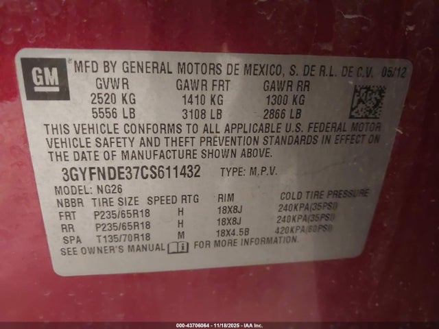 43706064 :رقم المزاد ، 3GYFNDE37CS611432 vin ، 2012 Cadillac Srx Luxury Collection مزاد بيع