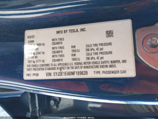 2022 TESLA MODEL 3 5YJ3E1EA8NF189639 Photo 8