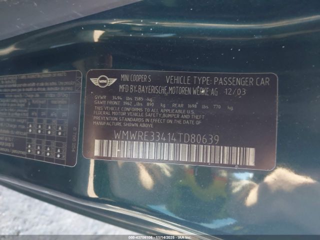 2004 MINI COOPER S WMWRE33414TD80639 Photo 8