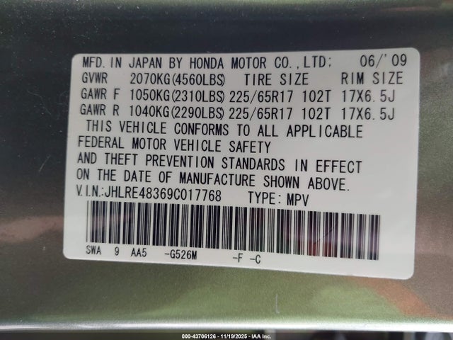 Продаж на аукціоні авто 2009 Honda Cr-v Lx, vin: JHLRE48369C017768, номер лоту: 43706126