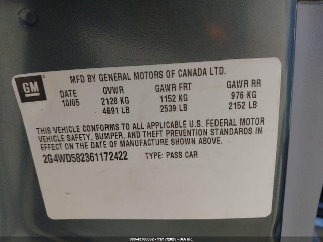 43706362 :رقم المزاد ، 2G4WD582361172422 vin ، 2006 Buick Lacrosse Cxl مزاد بيع