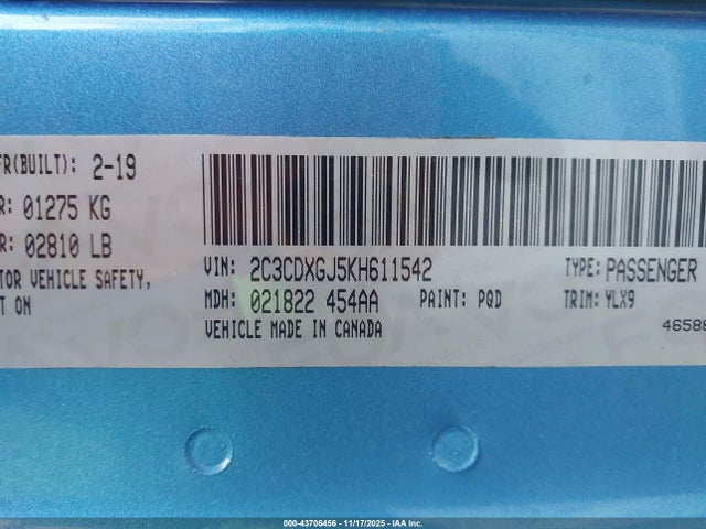 2019 Dodge Charger Scat Pack Rwd მანქანა იყიდება აუქციონზე, vin: 2C3CDXGJ5KH611542, აუქციონის ნომერი: 43706456