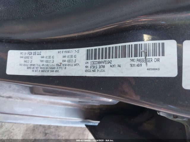 2015 Chrysler 200 Limited მანქანა იყიდება აუქციონზე, vin: 1C3CCCAB4FN751642, აუქციონის ნომერი: 43706500