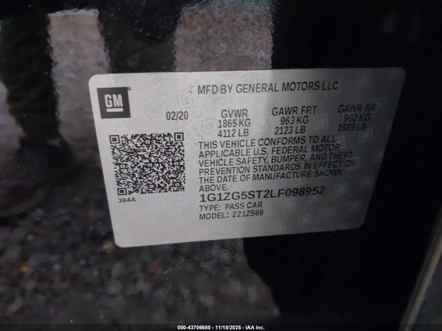 43706680 :رقم المزاد ، 1G1ZG5ST2LF098952 vin ، 2020 Chevrolet Malibu Fwd Rs مزاد بيع