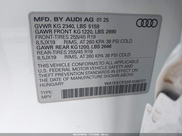 2025 Audi Q3 Premium 45 Tfsi S Line Quattro Tiptronic მანქანა იყიდება აუქციონზე, vin: WA1EECF33S1038727, აუქციონის ნომერი: 43706704