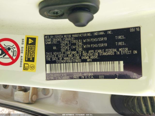 2016 TOYOTA HIGHLANDER 5TDYKRFH9GS179693 Photo 8