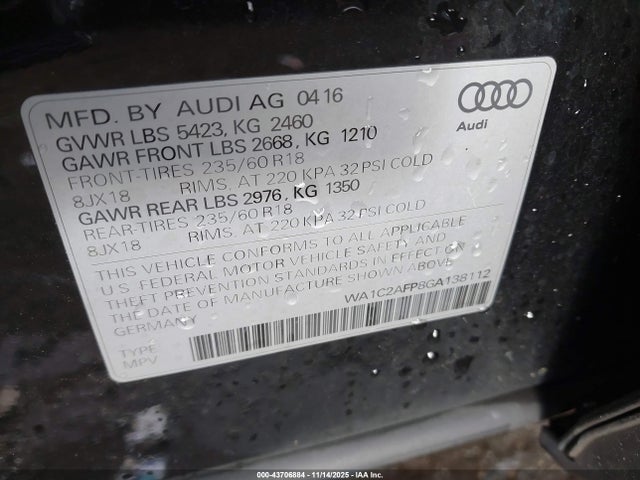 43706884 :رقم المزاد ، WA1C2AFP8GA138112 vin ، 2016 Audi Q5 2.0t Premium مزاد بيع