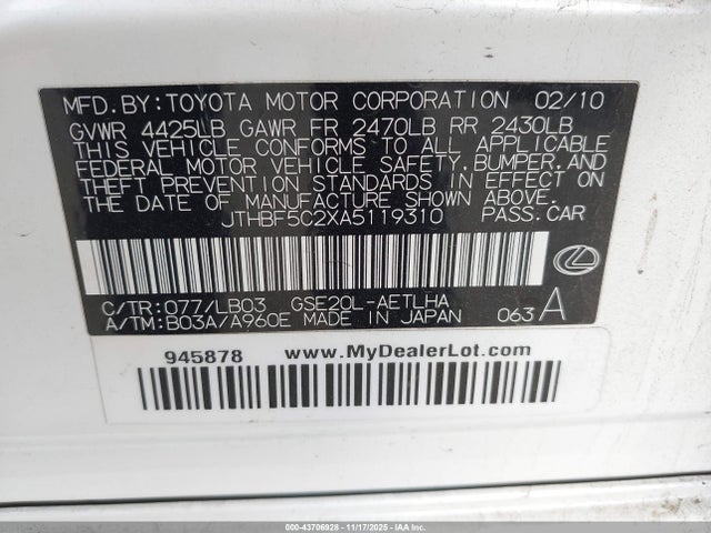 2010 LEXUS IS 250 JTHBF5C2XA5119310 Photo 8