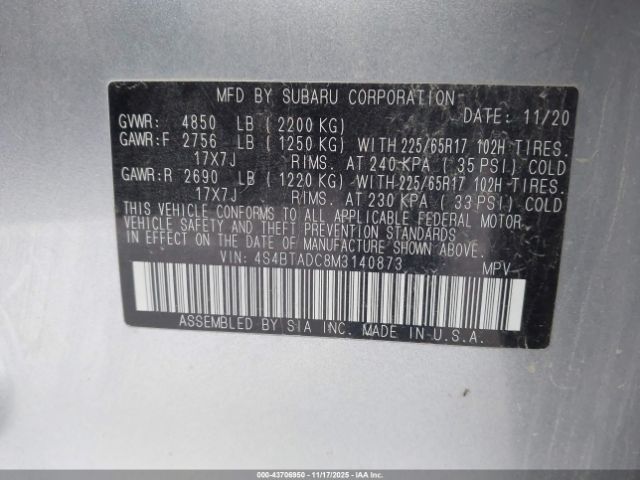 2021 SUBARU OUTBACK 4S4BTADC8M3140873 Photo 8