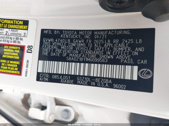 Aukcja sprzedaży 2021 Lexus Es 350, vin: 58ADZ1B11MU099563, numer aukcji: 43707004