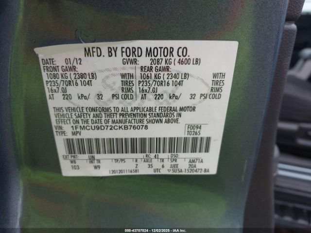 2012 FORD ESCAPE 1FMCU9D72CKB76078 Photo 8