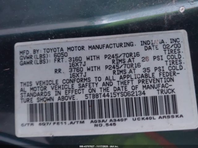 2000 TOYOTA TUNDRA 5TBBT4415YS062134 Photo 8