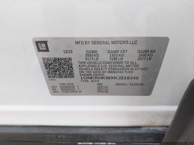 Auction sale of the 2019 Chevrolet Traverse 3lt, vin: 1GNERHKWXKJ218348, lot number: 43707095