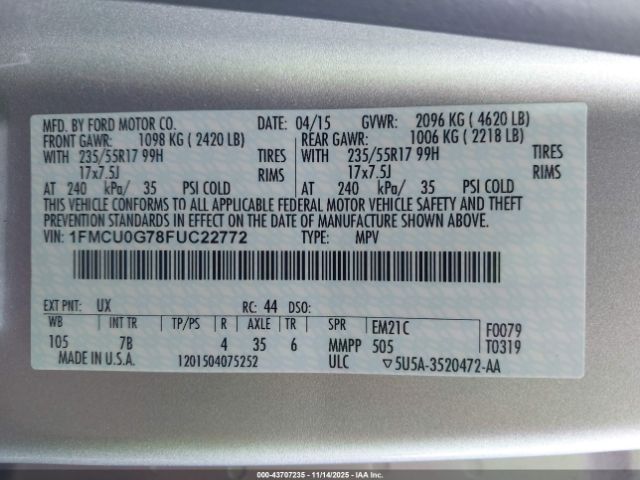 2015 FORD ESCAPE 1FMCU0G78FUC22772 Photo 8