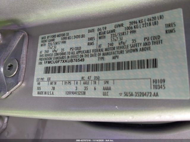 2019 FORD ESCAPE 1FMCU0F7XKUB76549 Photo 8