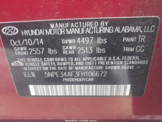 2015 HYUNDAI SONATA 5NPE34AF3FH106672 Photo 8