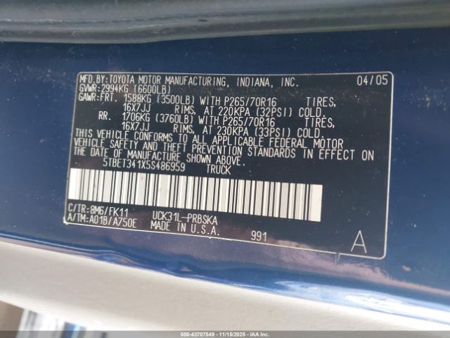 2005 TOYOTA TUNDRA 5TBET341X5S486959 Photo 8