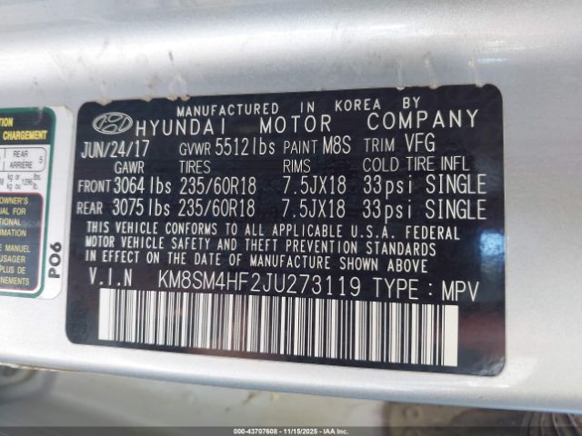 2018 HYUNDAI SANTA FE KM8SM4HF2JU273119 Photo 8