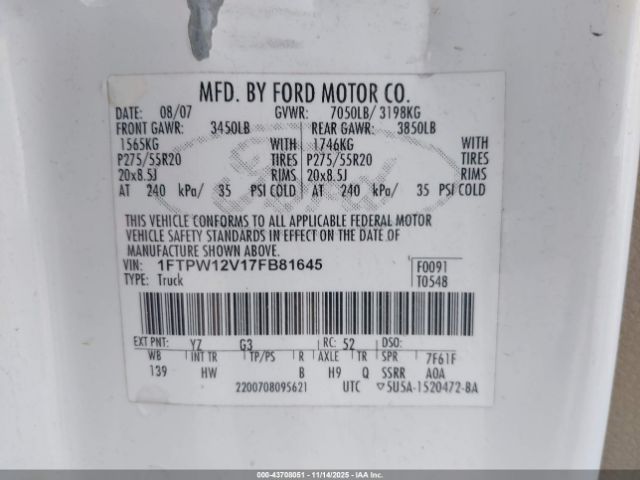 2007 FORD F-150 1FTPW12V17FB81645 Photo 8