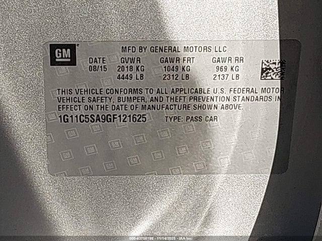 Auction sale of the 2016 Chevrolet Malibu Limited Lt, vin: 1G11C5SA9GF121625, lot number: 43708198