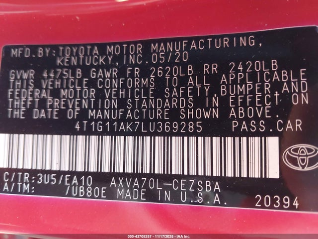 Auction sale of the 2020 Toyota Camry Se, vin: 4T1G11AK7LU369285, lot number: 43708257