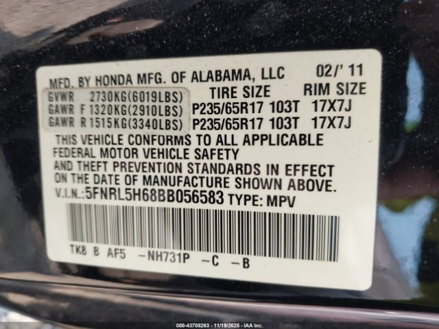 2011 HONDA ODYSSEY 5FNRL5H68BB056583 Photo 8